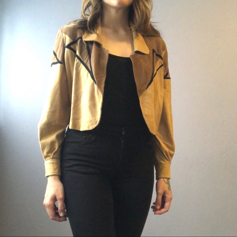 Cropped Geometric Leather Jacket - image 1